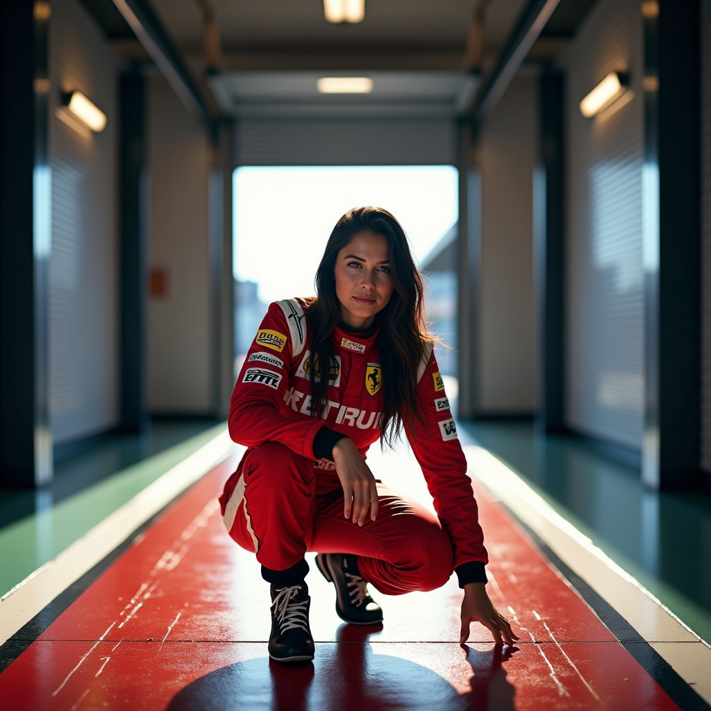 Garage Doorway Racing Suit Portrait example: Photorealistic full-body motorsport portrait photography. Full-body portrait of the subject in a racing suit crouched lo