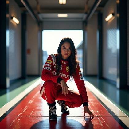 Garage Doorway Racing Suit Portrait example: Photorealistic full-body motorsport portrait photography. Full-body portrait of the subject in a racing suit crouched lo
