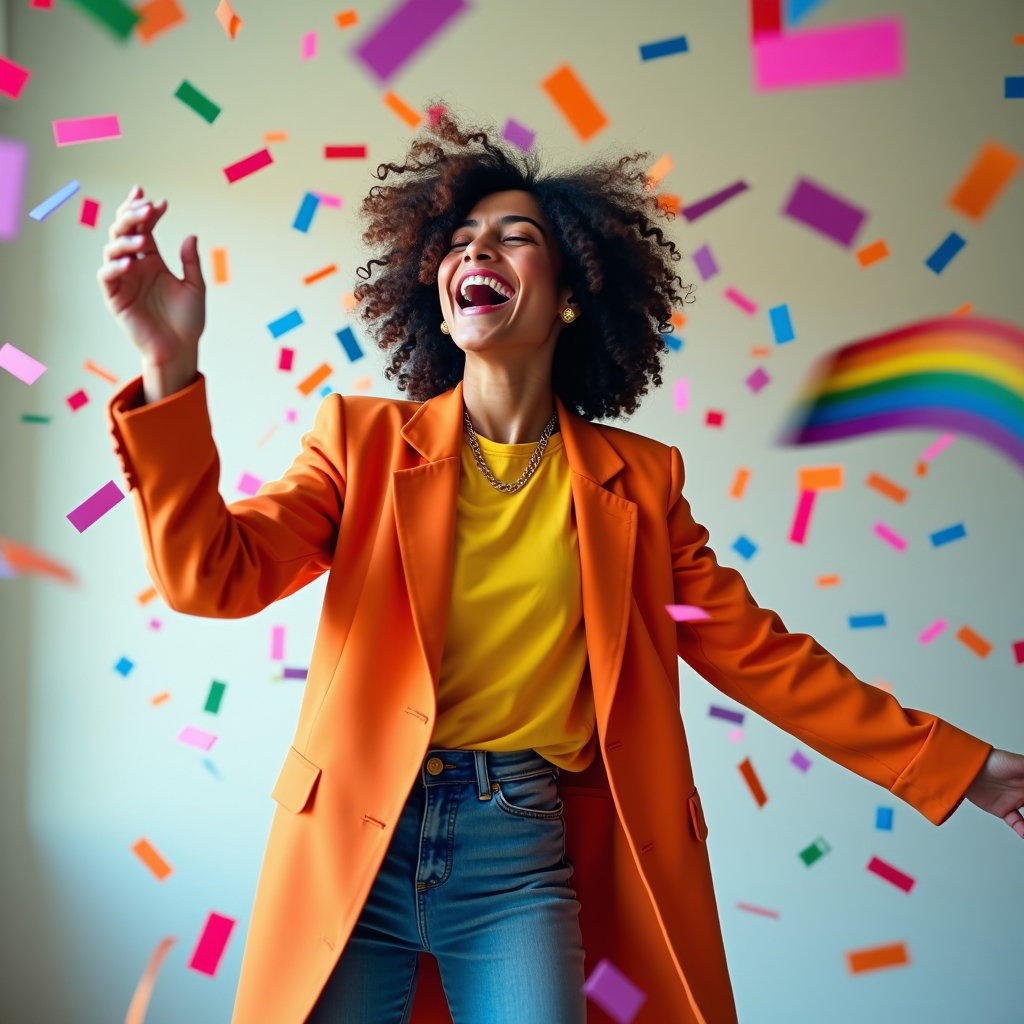 Queer Joy Laughing Portraits example: Photorealistic motion portrait photography. A dynamic laughing image with the subject spinning or dancing under falling