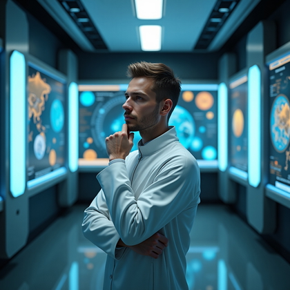 AI-generated photo: Photorealistic studio-style space lab portrait. The person stands in a sleek futuristic laboratory, ...