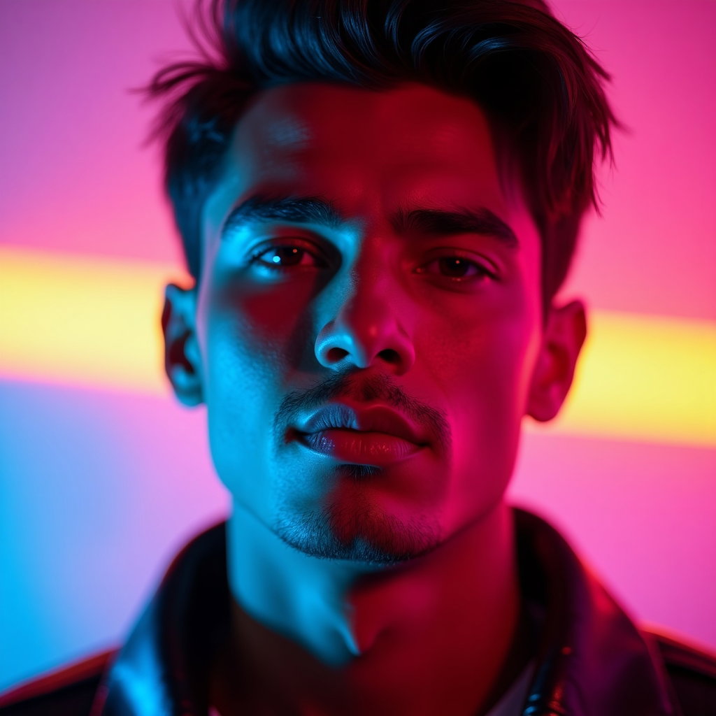 Nighttime Neon Pride Portraits With Club-Inspired Color example: Photorealistic portrait photography. Tight close-up portrait with the subject facing forward, a calm confident expressio