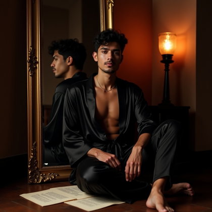 Romantic Close-Up With Loose Hair and Tired Eyes example: Dating profile photo, editorial hero image seated on the floor beside a tall mirror, face clearly visible in the reflect
