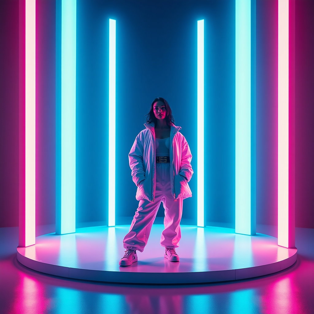 Neon Electropop Album Cover Portraits example: Photorealistic neon electropop album cover portrait. Editorial hero image with the subject centered on a circular platfo