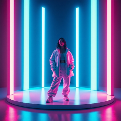Neon Electropop Album Cover Portraits example: Photorealistic neon electropop album cover portrait. Editorial hero image with the subject centered on a circular platfo