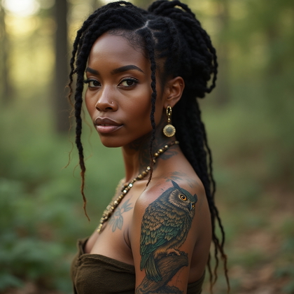 AI-generated photo: Photorealistic photography of a woman elegantly revealing a detailed neo-traditional tattoo of an ow...