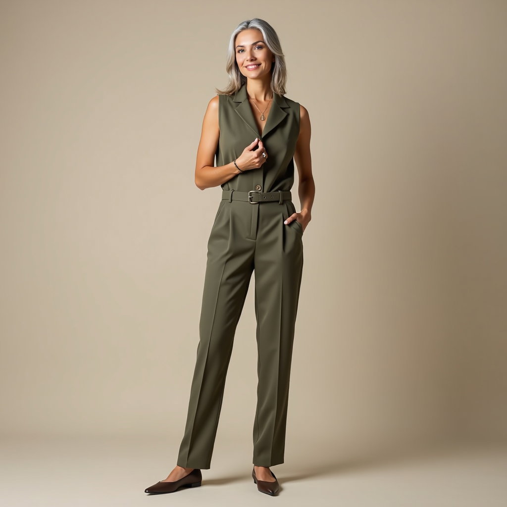 Smart Vest And Trousers: Cropped full-length portrait against a pale taupe backdrop with generous negative space.
