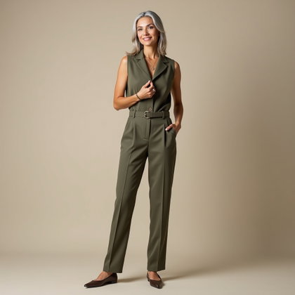 Gilet de tailleur et pantalon : portrait en pied recadré sur fond taupe pâle avec un vaste espace négatif.