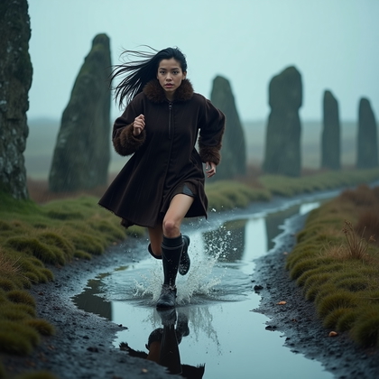 AI-generated photo: Photorealistic outdoor action photo: Across a windswept moor studded with towering standing stones, ...