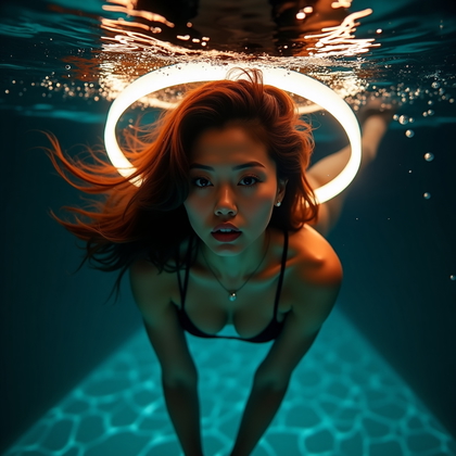 AI-generated photo: Photorealistic underwater portrait photography at night in a private villa pool, the subject is capt...