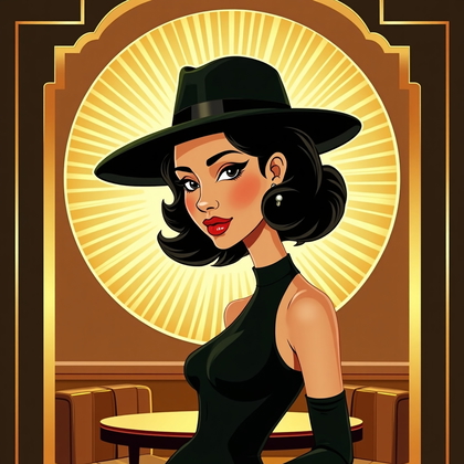 AI-generated photo: Art Deco poster caricature illustration. A gilded lounge interior with geometric fan rays creates a ...