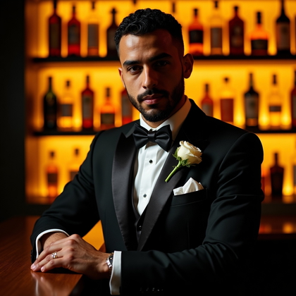 AI-generated photo: Photorealistic wedding photography in a moody cocktail lounge against a backlit wall of amber bottle...