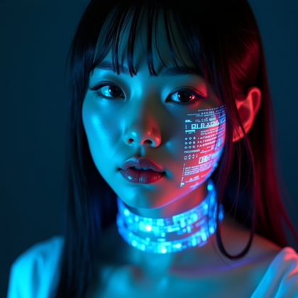 AI-generated photo: Photorealistic cosplay portrait photography. Intimate, slightly angled close-up portrait from chin t...