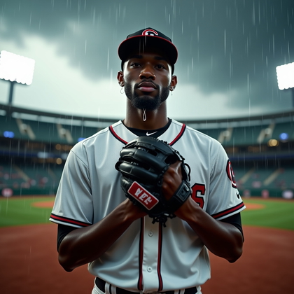 AI-generated photo: Photorealistic sports photography of a pitcher on the mound in heavy rain, framed in a tight mid-sho...