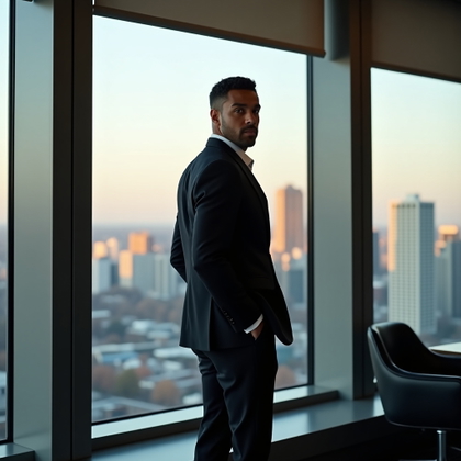 LinkedIn photo photography. Environmental portrait inside a quiet corner office with floor-to-ceiling windows and a city skyline, the subject standing near the window with shoulders angled, one hand in a pocket, and face turned back toward the viewer with a thoughtful executive expression. Use monochrome business separates, warm side lighting, a muted taupe-and-blue palette, uncluttered surroundings, and architectural lines framing the subject.