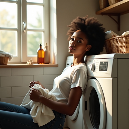 AI-generated photo: Photorealistic lifestyle photography in a compact laundry room washed with angled morning light from...