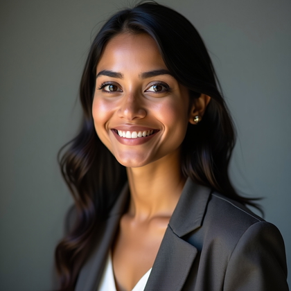 AI-generated photo: Professional headshot: clean studio with a taut light‑mushroom velour backdrop kept uniformly lit, m...