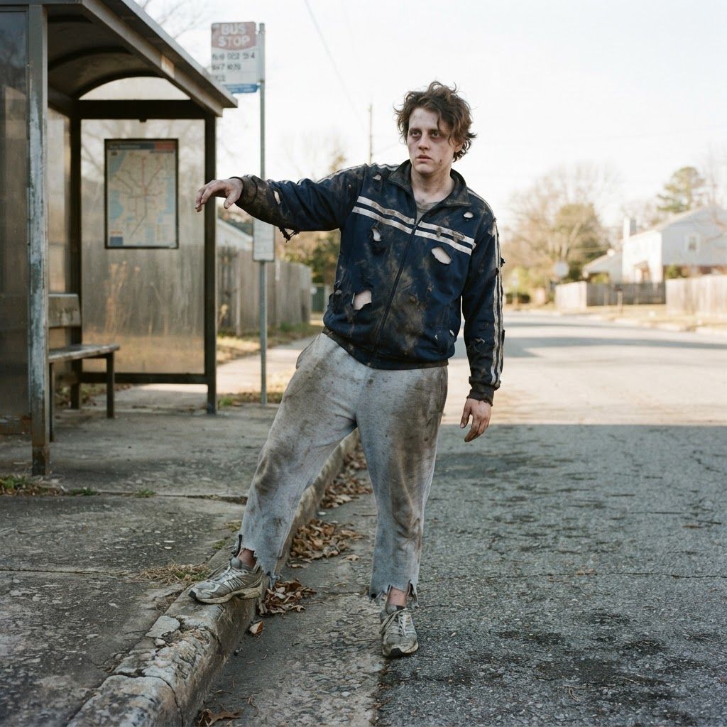 Daylight Zombie in Torn Streetwear: At an empty, weathered bus stop, frame the zombie head to toe stepping crookedly off the curb.