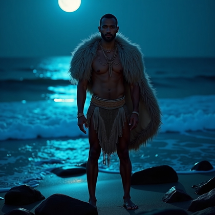 AI-generated photo: Photorealistic editorial photograph on a moonlit shoreline where gentle bioluminescent waves wash ov...