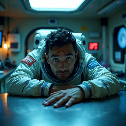 AI-generated photo: Photorealistic cinematic sci-fi portrait photography. An intense close-up at a moon base medical sta...