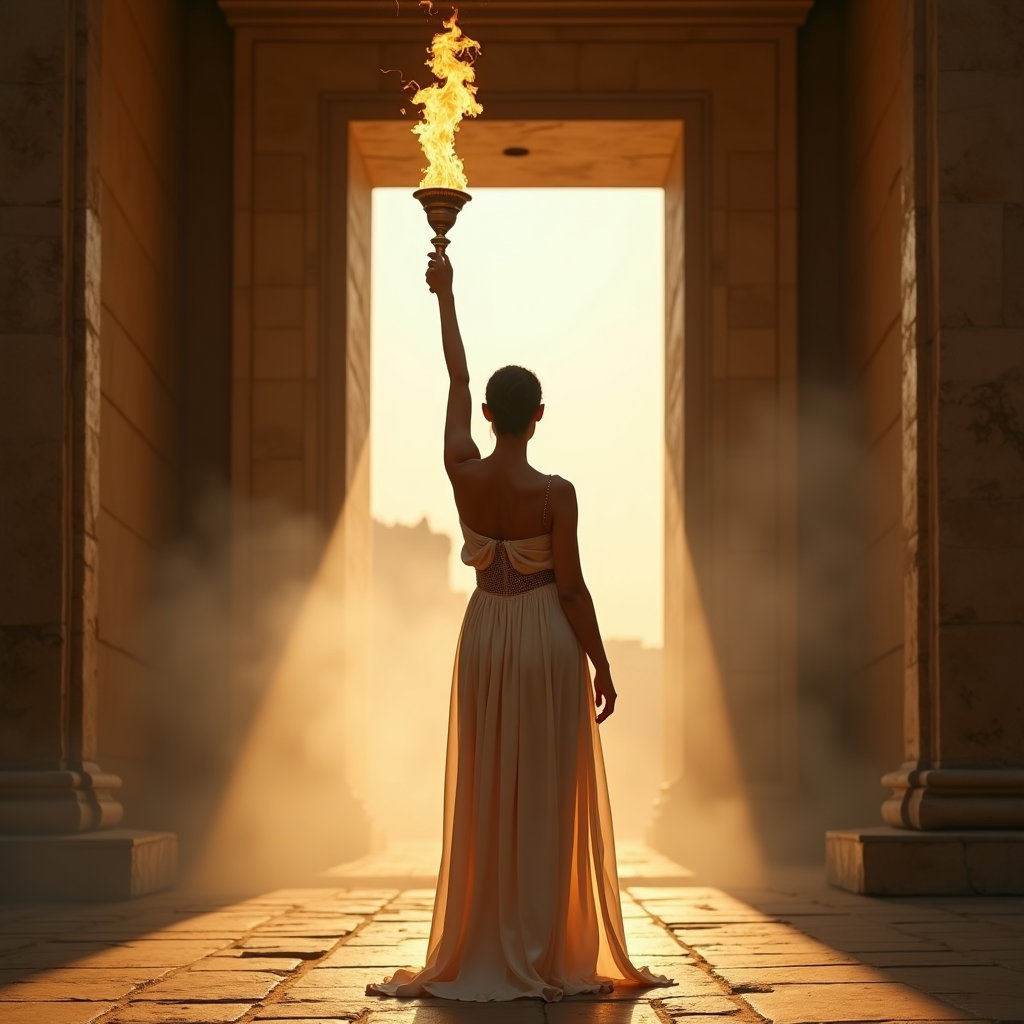 Solo Theseus Labyrinth Torch-Bearer Portrait example: Cinematic mythological portrait photography, editorial hero image with the subject standing powerfully at the center of