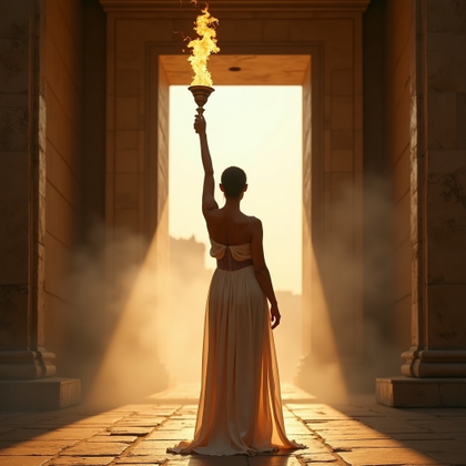 Solo Theseus Labyrinth Torch-Bearer Portrait example: Cinematic mythological portrait photography, editorial hero image with the subject standing powerfully at the center of
