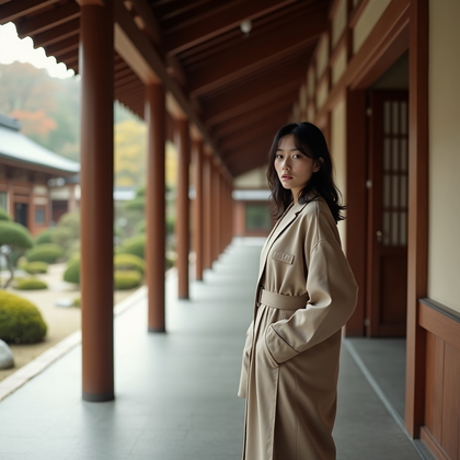 AI-generated photo: Photorealistic fashion portrait photography. A stylish yet respectful temple portrait set along a lo...