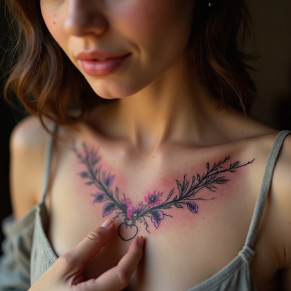 AI-generated photo: Photorealistic photography featuring a woman with a delicate geometric tattoo on her collarbone, con...