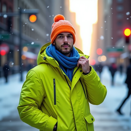 AI-generated photo: Photorealistic lifestyle photograph: downtown street blanketed in fresh snow, visibility low, the su...