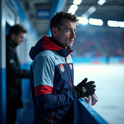 AI-generated photo: Photorealistic sports photography. A winter Olympian stands in a warm-up area just off the main venu...