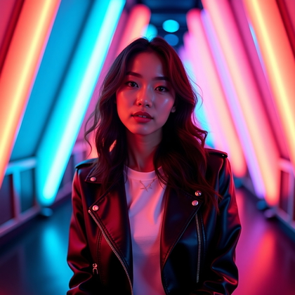 Photobooth portrait photo: neon-arcade vibe with luminous color-gel light tubes forming a triangular halo behind the subject, polished black resin floor catching subtle reflections, a soft haze for atmosphere, crisp beauty lighting with feathered diffusion and clean catchlights, waist-up framing in a centered composition with relaxed three-quarter stance and confident direct gaze, face fully unobstructed and tack-sharp, street-styled look with a sleek black leather jacket over a clean tee for modern edge.