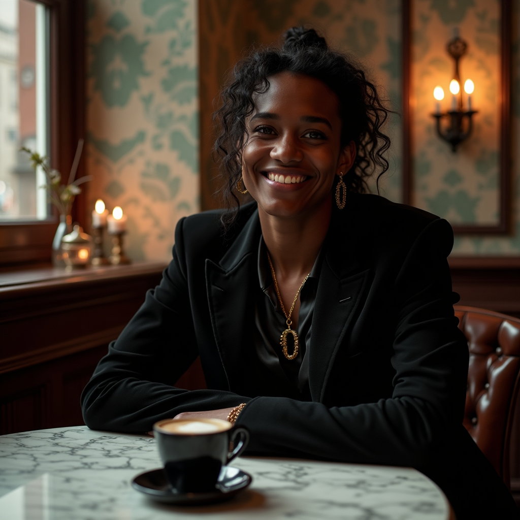 Soft Gothic Morning Portrait example: Dating profile photo. Half-body portrait at an antique café table with a single black coffee, leaning slightly forward w