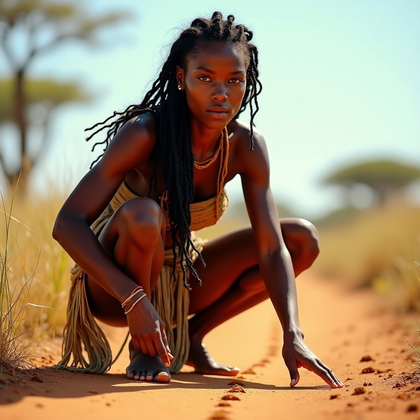 AI-generated photo: Photorealistic photography of a primal track reader crouch in a sun-blasted savanna, subject balance...