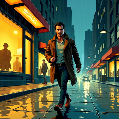 AI-generated photo: Vintage comic-book caricature illustration — a rainy city street at night with slick pavements refle...