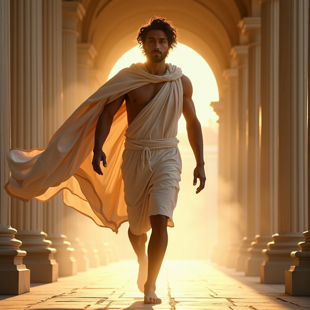 Solo Sunlit Marble Demigod Headshot example: Photorealistic Greek myth hero portrait photography. Motion portrait with the subject stepping through a sunlit marble c