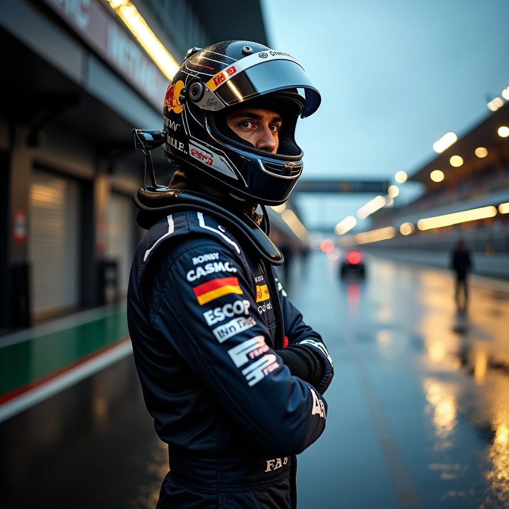 Post-Session Helmet-in-Hand Portrait example: Photorealistic motorsport portrait photography. Editorial hero image in a rain-damp pit lane, the driver standing in a s