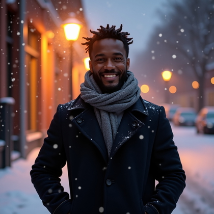 AI-generated photo: Photorealistic winter lifestyle portrait under a single streetlamp that sits behind the subject to r...