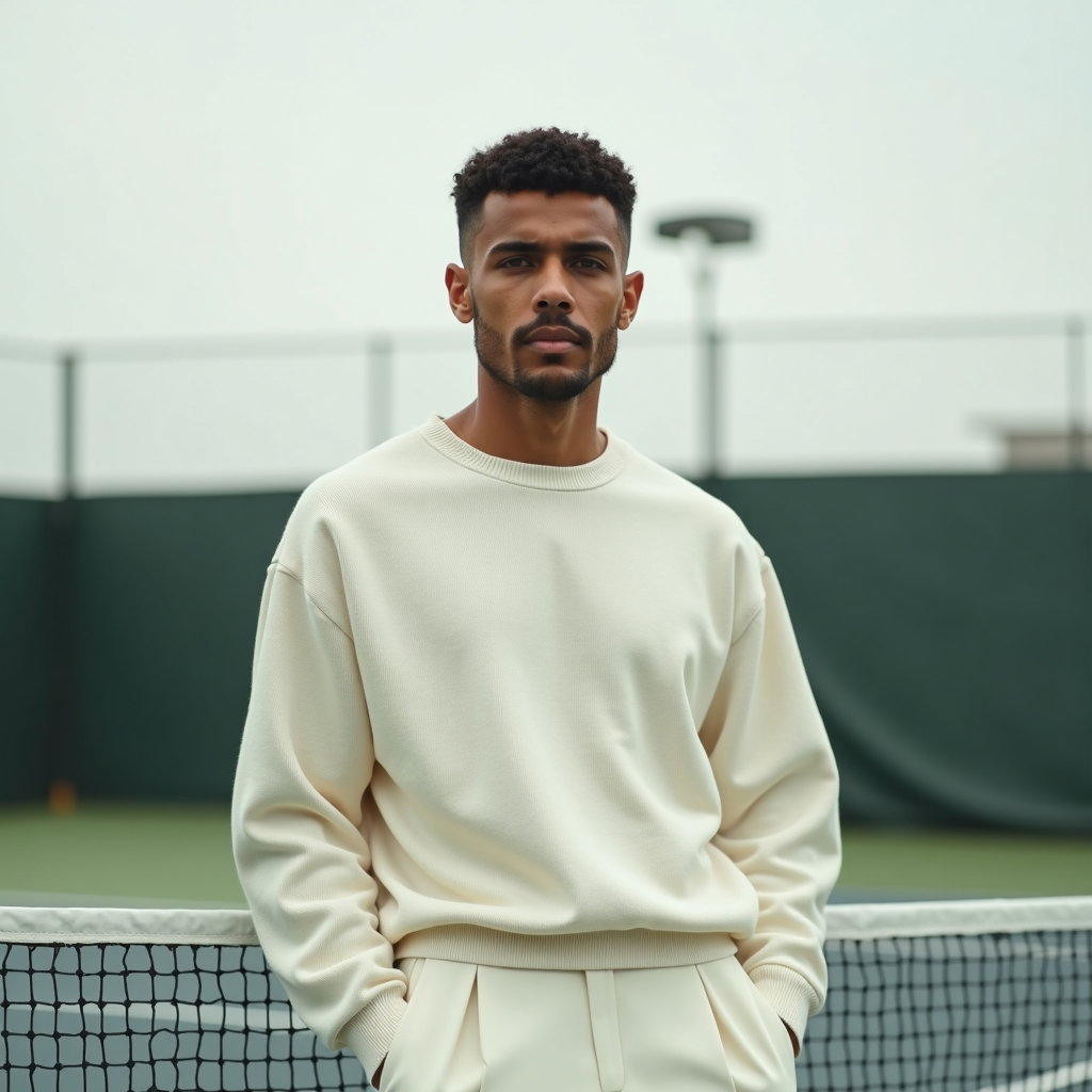 Simple Tenniscore Portraits That Avoid Looking Too Costume-Like example: Photorealistic editorial hero image. Centered portrait standing on a quiet court with the net softly crossing the lower