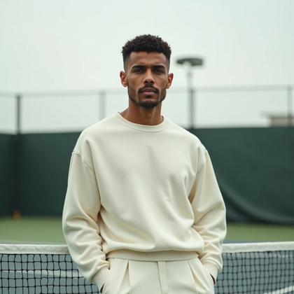 Simple Tenniscore Portraits That Avoid Looking Too Costume-Like example: Photorealistic editorial hero image. Centered portrait standing on a quiet court with the net softly crossing the lower 
