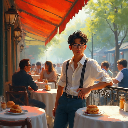 AI-generated photo: Impressionist painting. A sun-drenched afternoon in a bustling Parisian café, with patrons seated ar...