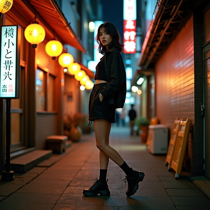 AI-generated photo: Fashion editorial street photography, a trend-focused Tokyo night scene in a narrow alley of izakaya...