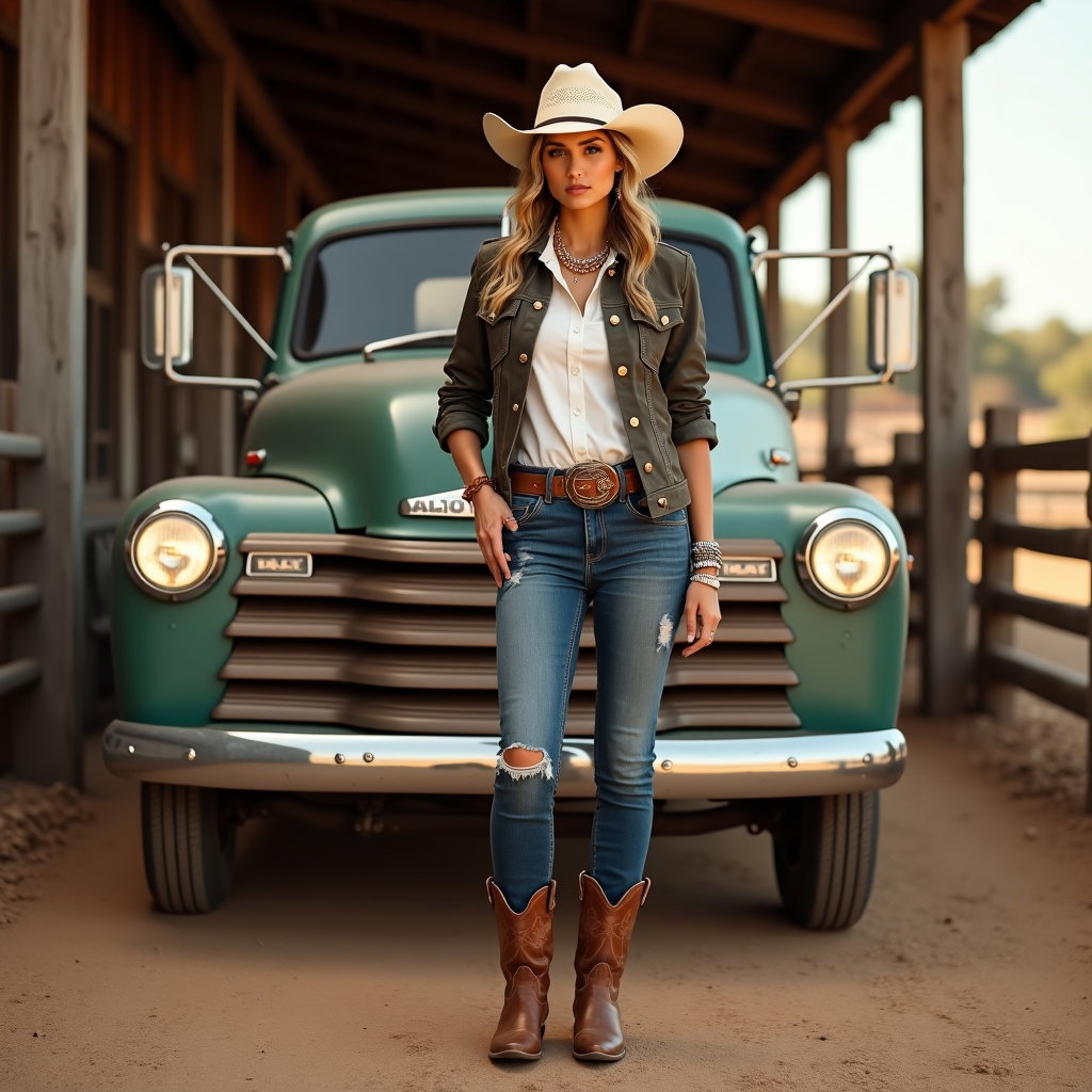 AI-generated photo: Photorealistic fashion photography. Full-body cowboy fashion scene set in front of a vintage pickup ...