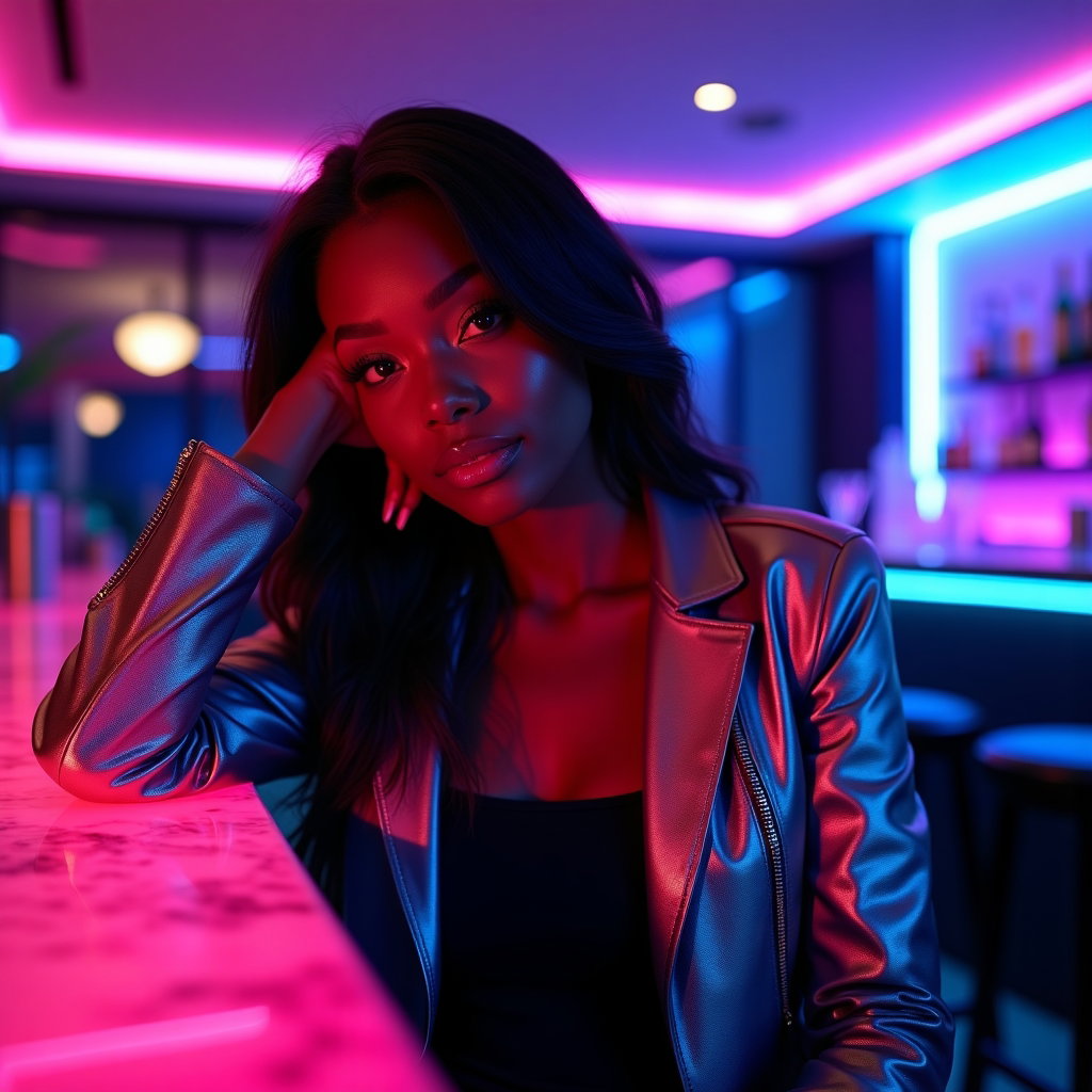 Nighttime Neon Pride Portraits With Club-Inspired Color example: Photorealistic portrait photography. Half-body portrait of the subject leaning casually against a glowing nightclub bar,