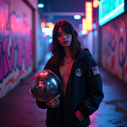 AI-generated photo: Photorealistic fashion portrait photography of a person standing in a dim, neon-lit alley, wearing a...