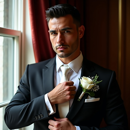 AI-generated photo: Photorealistic wedding portrait beside a historic hotel window with velvet drapes, loop lighting fro...