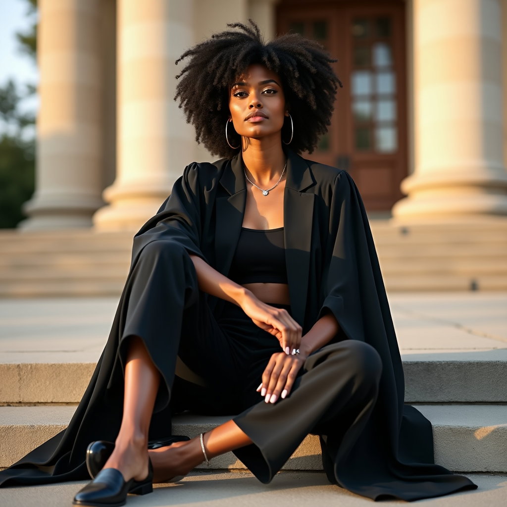 AI-generated photo: Photorealistic fashion portrait photography, a confident graduation portrait with the subject seated...