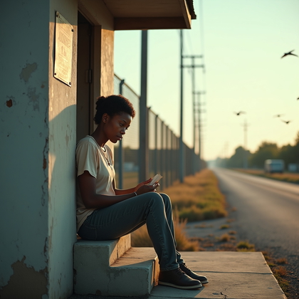 AI-generated photo: Photorealistic narrative portrait photograph showing the person perched on the low concrete steps of...