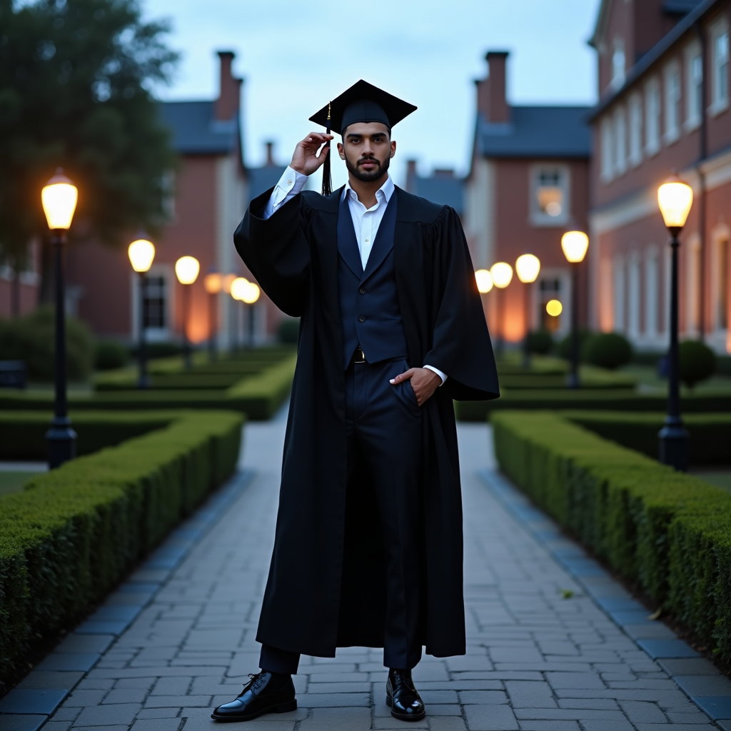 AI-generated photo: Fashion editorial photography, a full-body graduation fashion portrait in a landscaped campus quad d...
