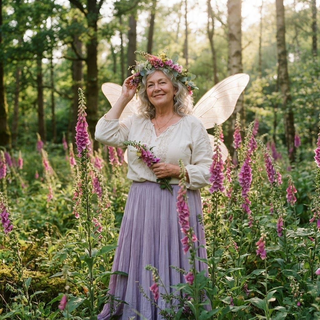 Woodland Fairy Among Wildflowers: A three-quarter portrait among wild foxgloves beneath tall trees.