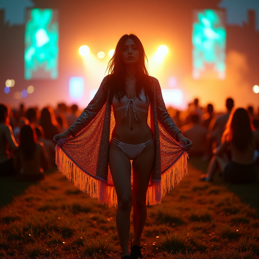 Front-Row Stage Glow Portrait example: Photorealistic festival portrait photography. Full-body portrait on trampled grass at the very front of the crowd, the s
