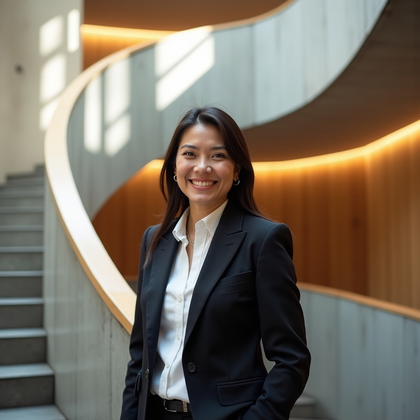 AI-generated photo: Professional headshot. Photographed in a sunlit corporate atrium with a sweeping architectural stair...